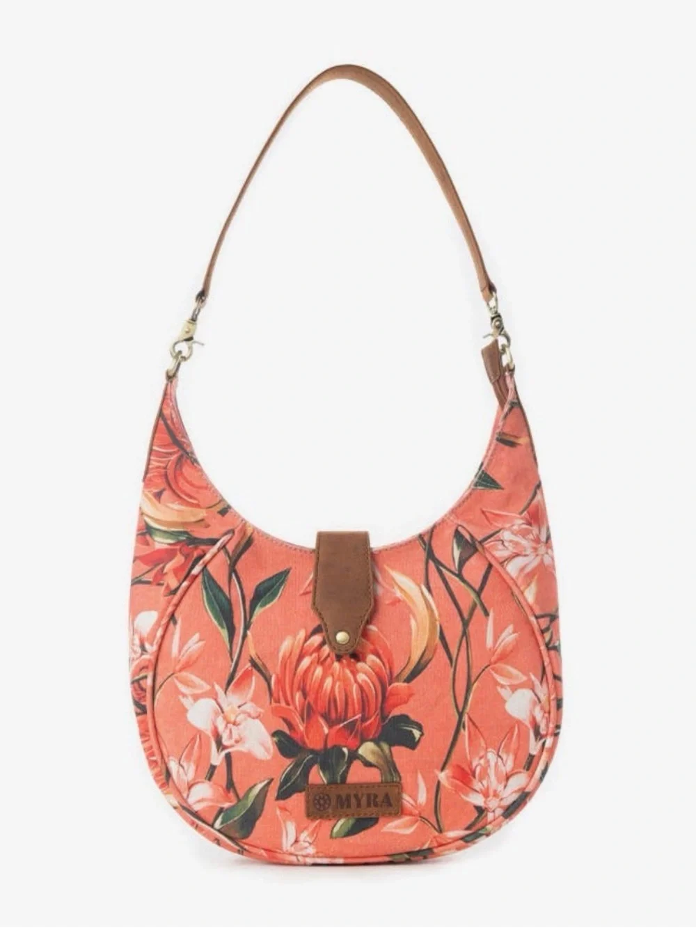 Myra Bag Coral Floral Crescent Shoulder Bag with Brown Trim